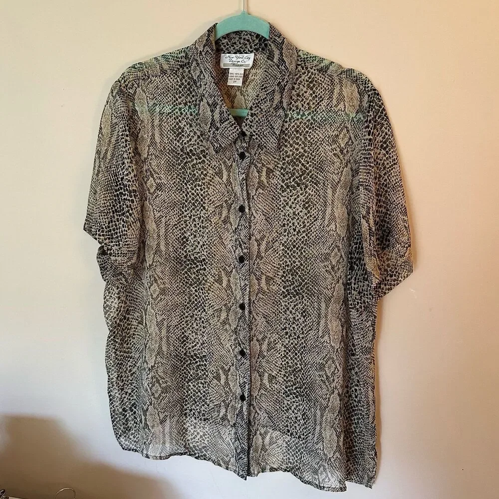 Vintage Snake Print Sheer 100% Silk Camp Shirt Plus Size 2X
